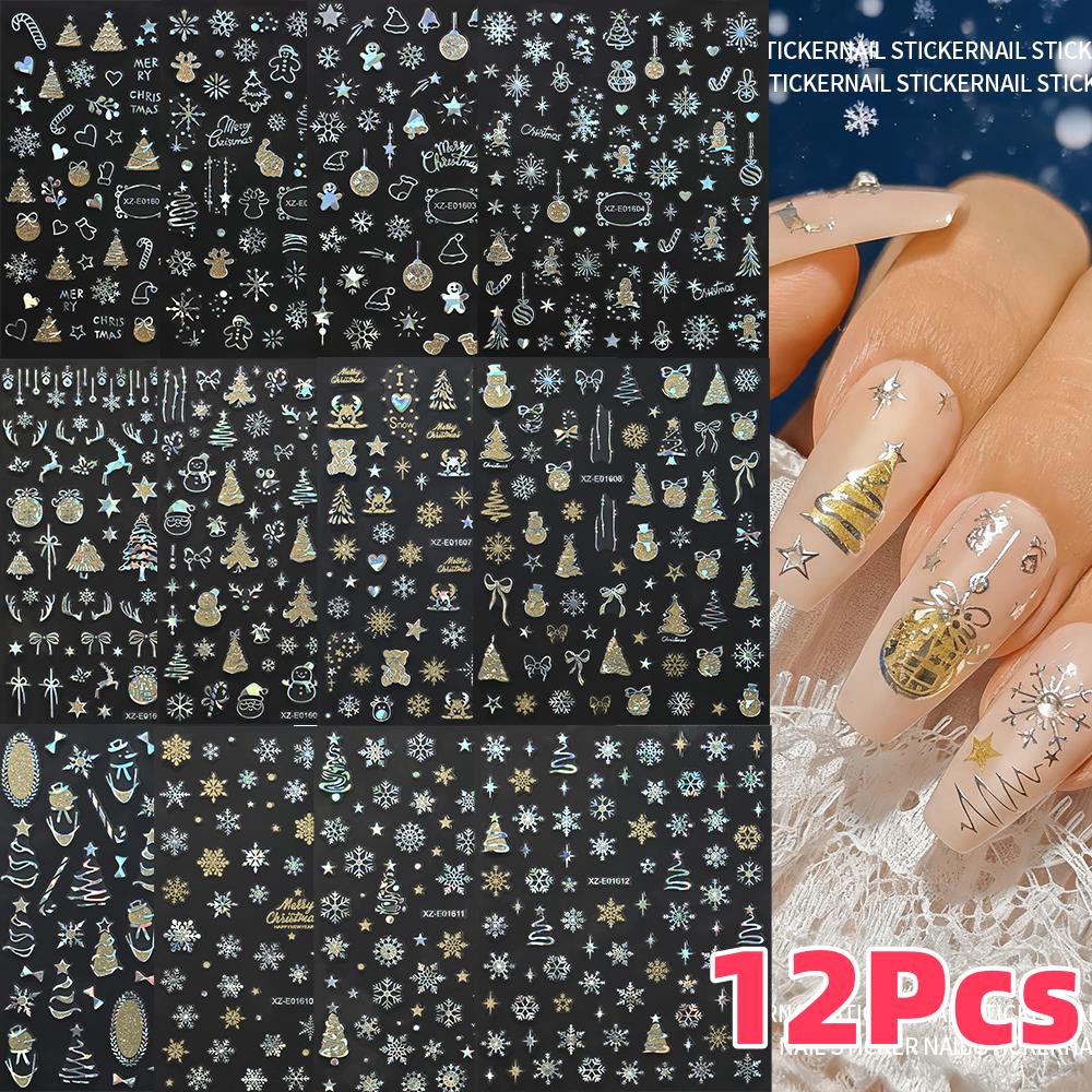 12 шт. 3D лазерные серебряные  – обзор и цена Nail Art Xmas Design